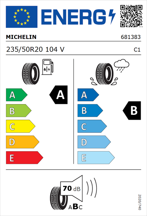 Tyre Label for Michelin e.primacy 235/50R20 104V