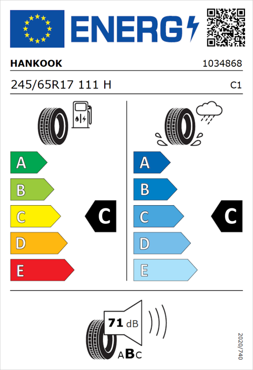 Tyre Label for Hankook Dynapro HPX 245/65R17 111H